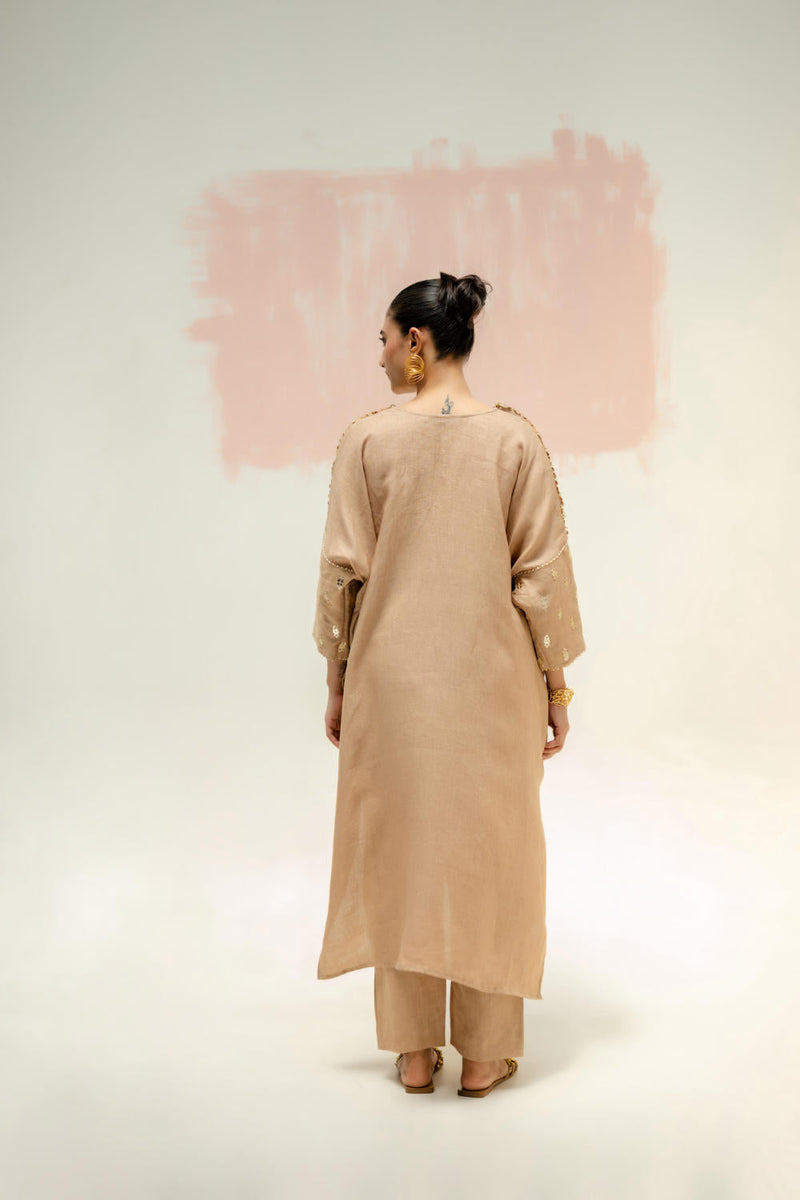 Star Antifit Linen Kurta with Pants-Camel linen by PRAHNAAYA in beige color for women Worldwide