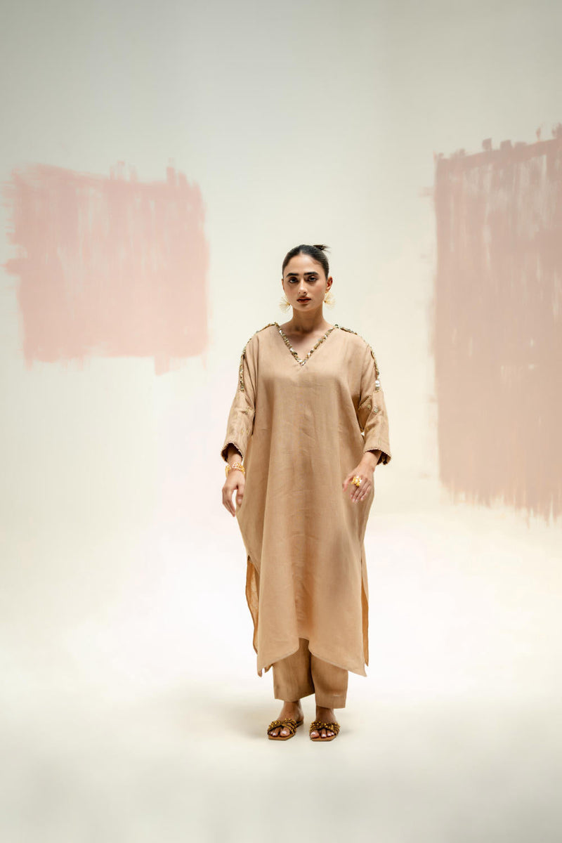Star Antifit Linen Kurta with Pants-Camel linen by PRAHNAAYA in beige color for women Worldwide