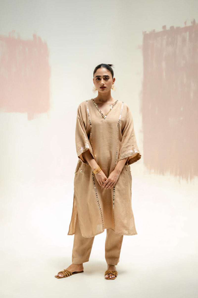 Aaram Choga Kurta with Pants-Camel linen by PRAHNAAYA in beige color for women Worldwide