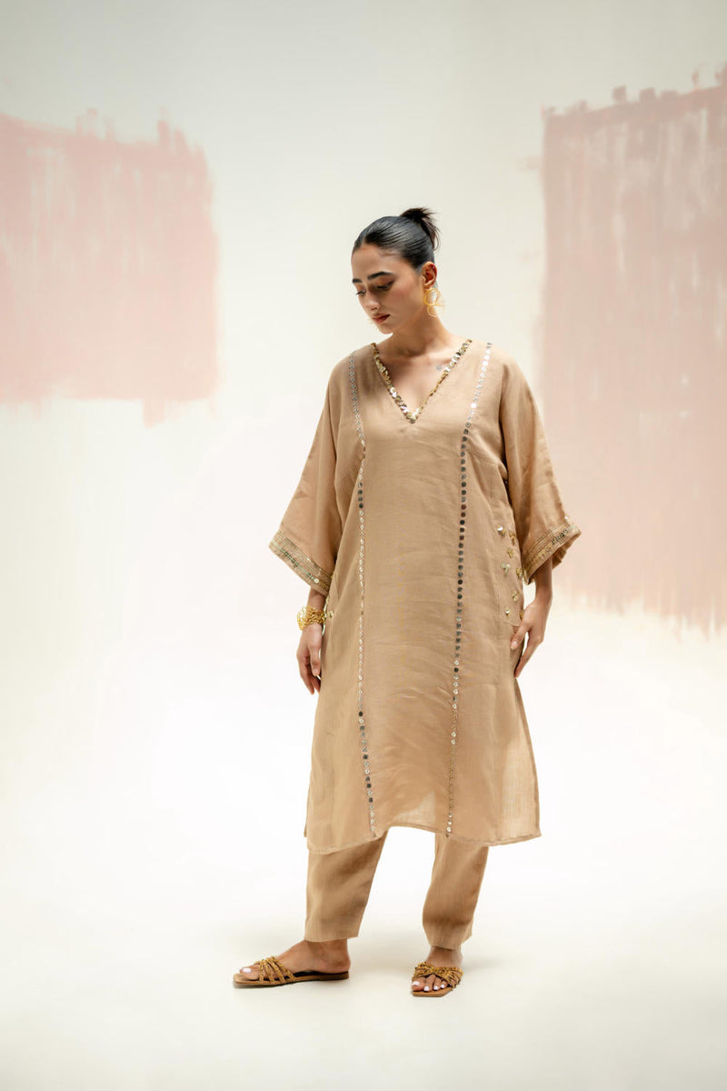 Aaram Choga Kurta with Pants-Camel linen by PRAHNAAYA in beige color for women Worldwide