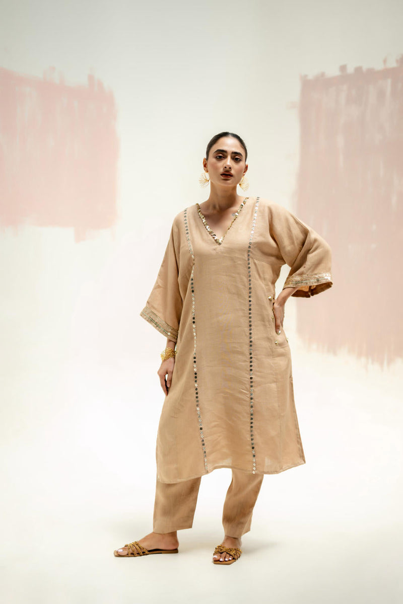 Aaram Choga Kurta with Pants-Camel linen by PRAHNAAYA in beige color for women Worldwide