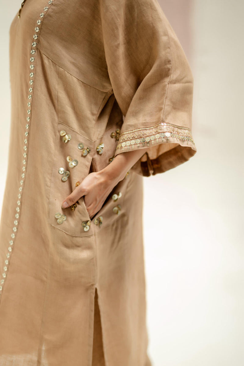 Aaram Choga Kurta with Pants-Camel linen by PRAHNAAYA in beige color for women Worldwide