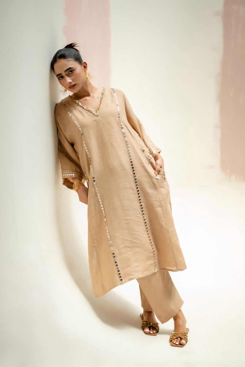 Aaram Choga Kurta with Pants-Camel linen by PRAHNAAYA in beige color for women Worldwide