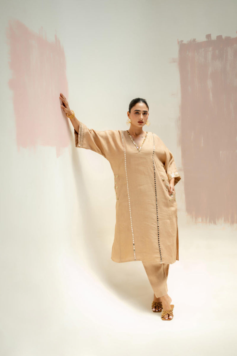 Aaram Choga Kurta with Pants-Camel linen by PRAHNAAYA in beige color for women Worldwide