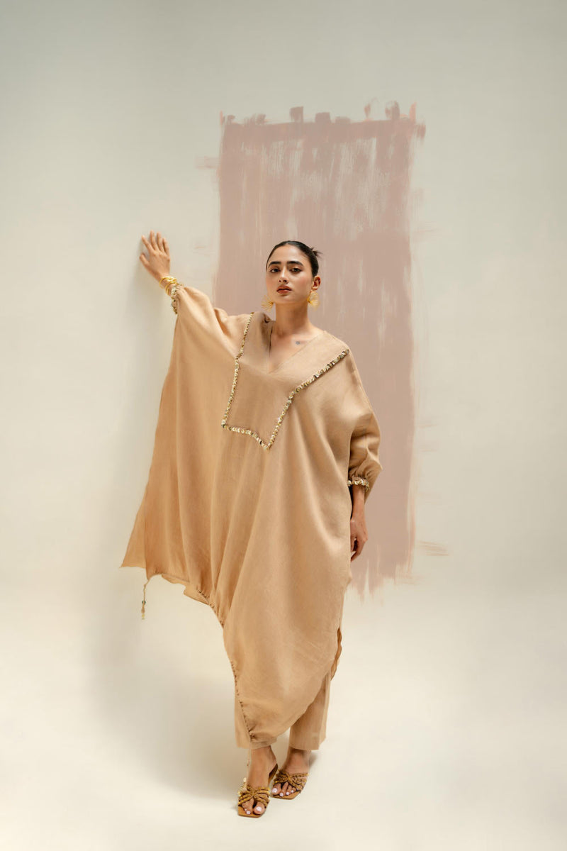 Moroccan Kaftan with Pants-Camel linen by PRAHNAAYA in beige color for women Worldwide