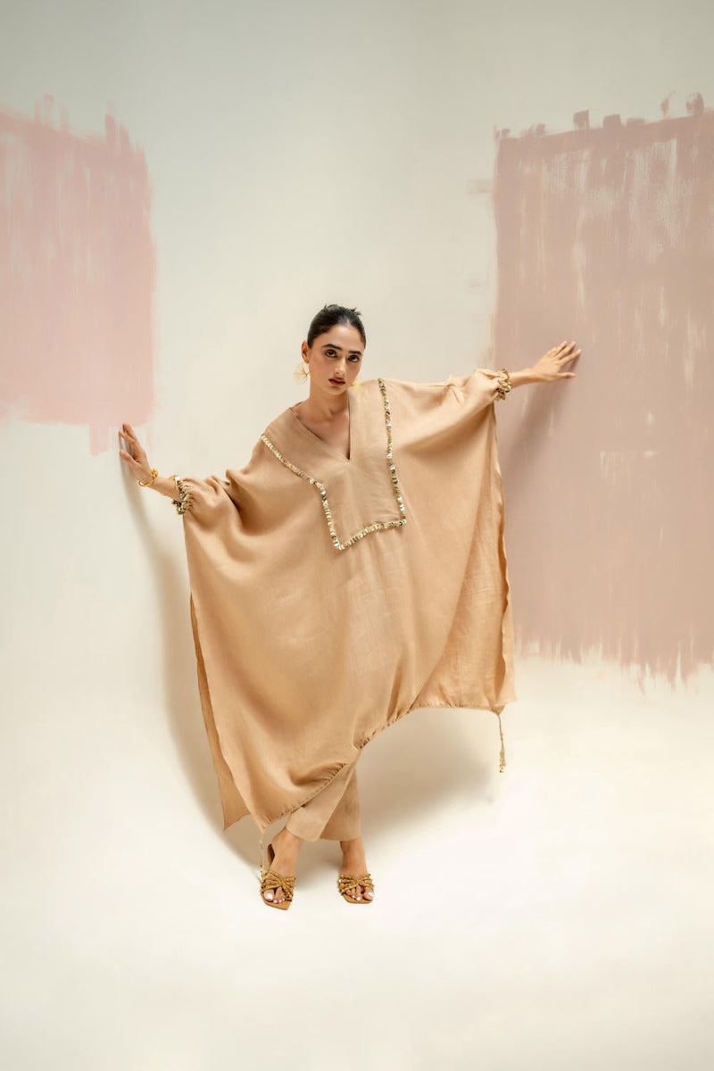 Moroccan Kaftan with Pants-Camel linen by PRAHNAAYA in beige color for women Worldwide