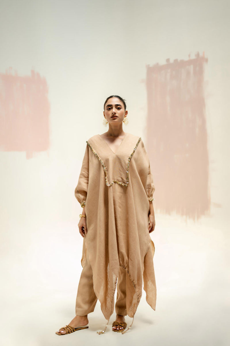 Moroccan Kaftan with Pants-Camel linen by PRAHNAAYA in beige color for women Worldwide