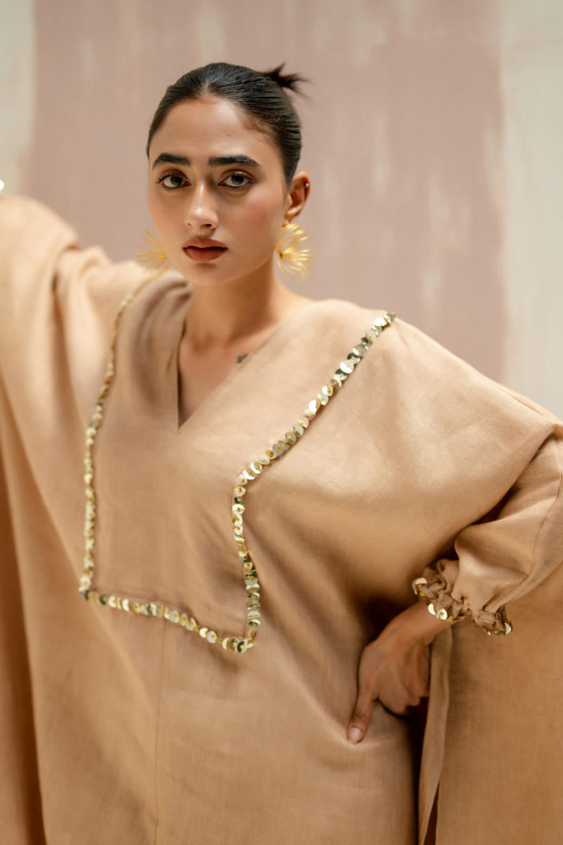 Moroccan Kaftan with Pants-Camel linen by PRAHNAAYA in beige color for women Worldwide