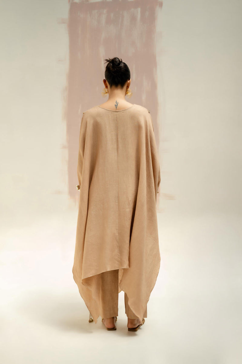 Moroccan Kaftan with Pants-Camel linen by PRAHNAAYA in beige color for women Worldwide