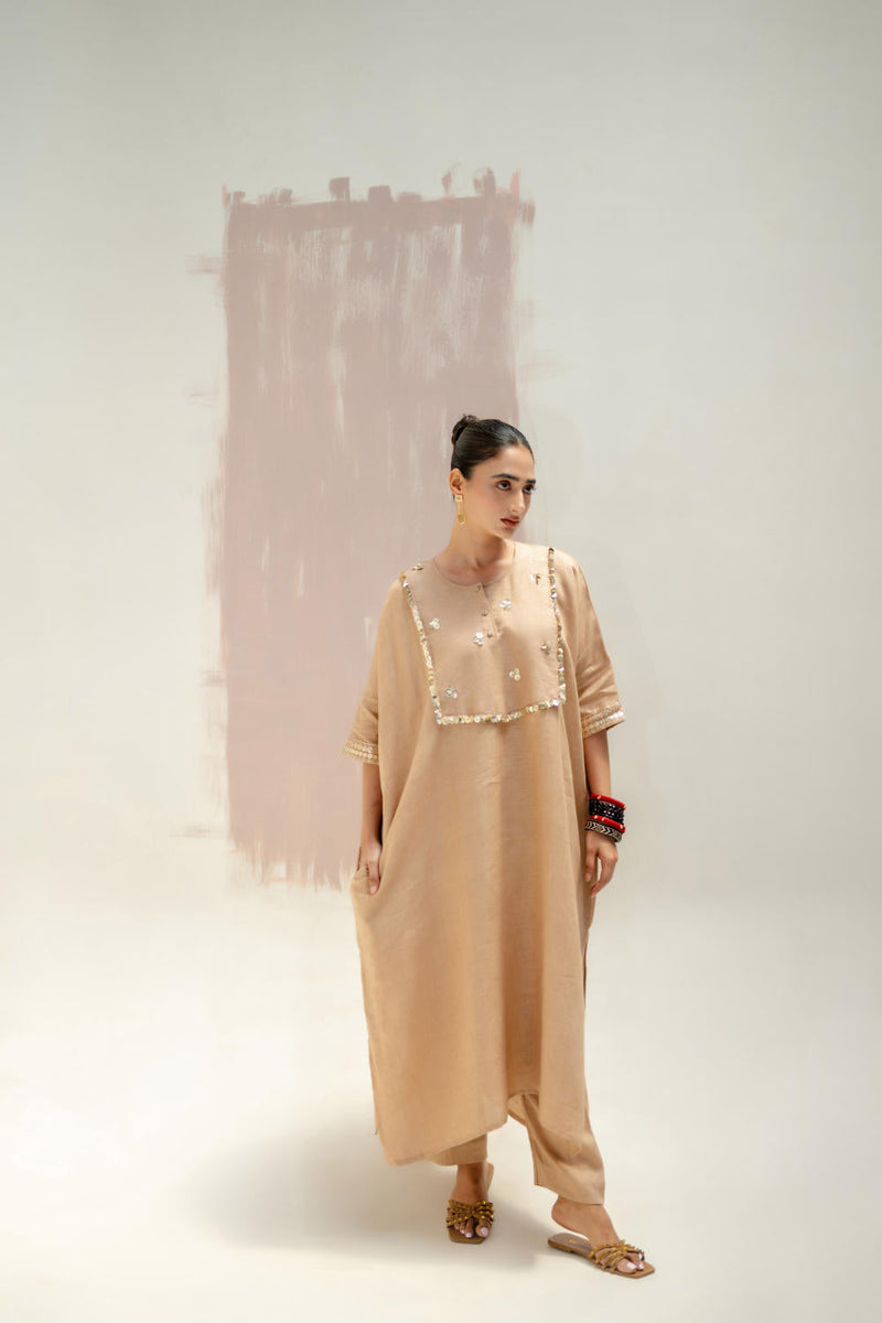 Longline Kaftan Kurta with Pants-Camel linen by PRAHNAAYA in green color for women Worldwide