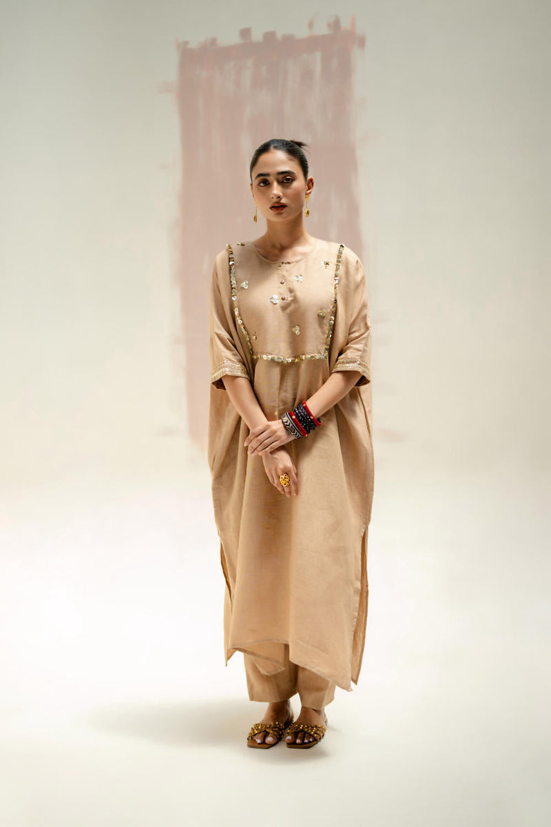 Longline Kaftan Kurta with Pants-Camel linen by PRAHNAAYA in green color for women Worldwide