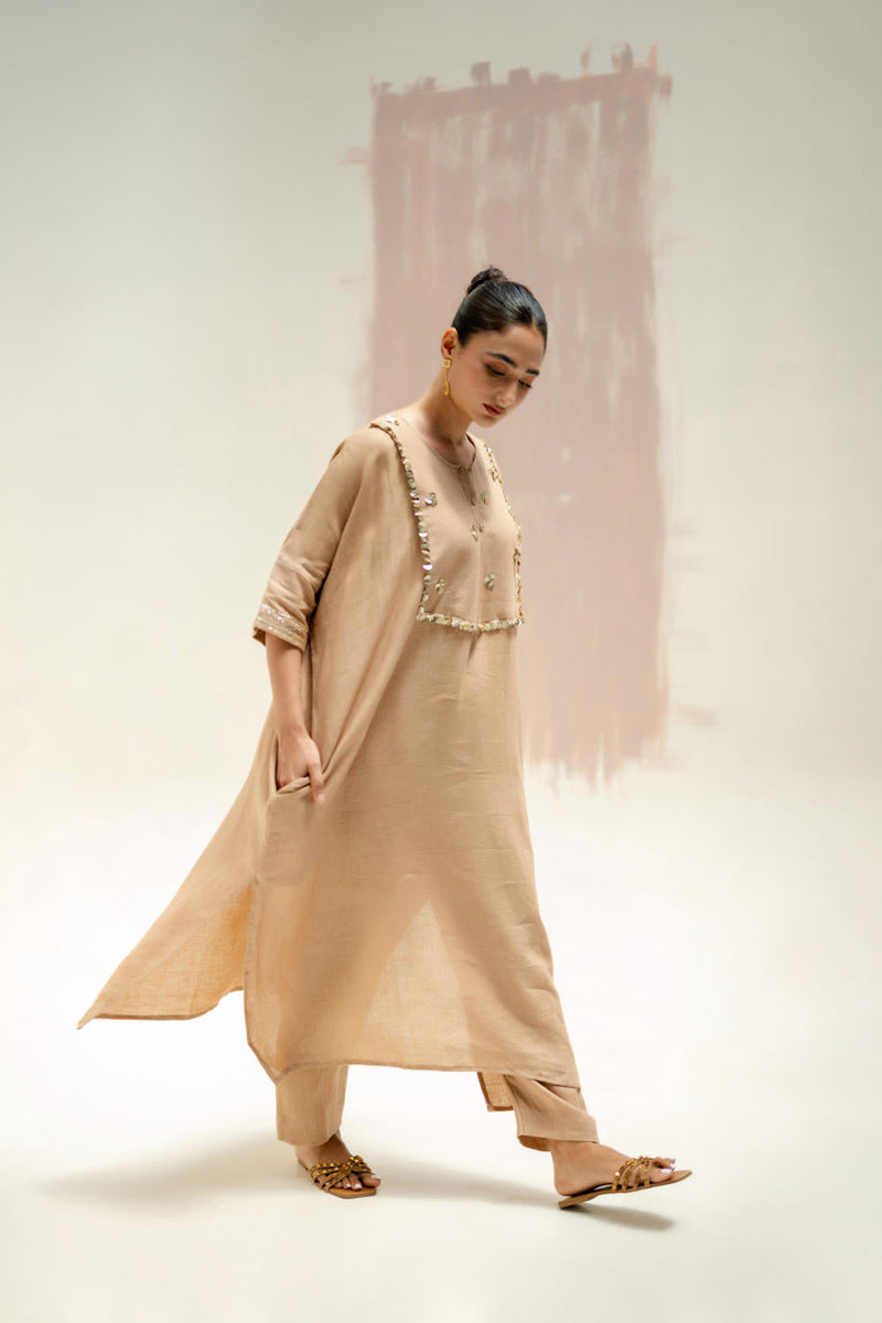 Longline Kaftan Kurta with Pants-Camel linen by PRAHNAAYA in green color for women Worldwide