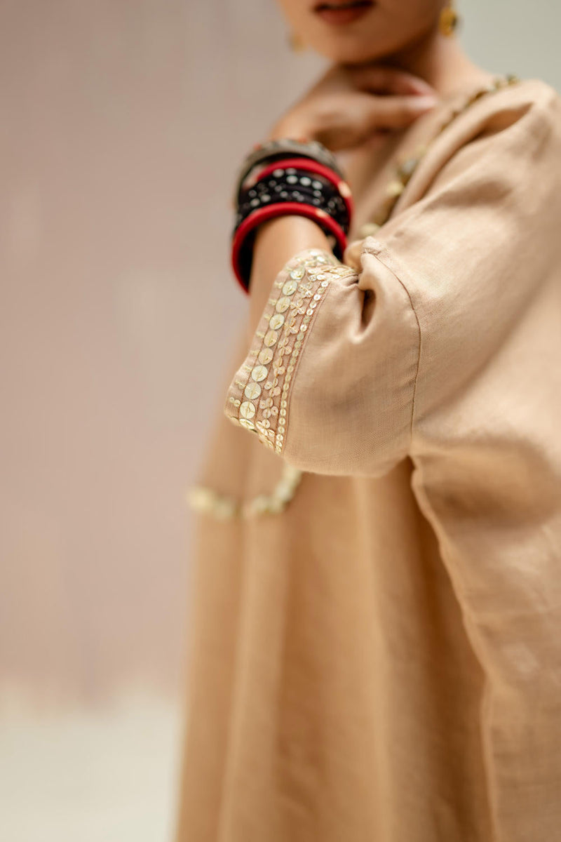 Longline Kaftan Kurta with Pants-Camel linen by PRAHNAAYA in green color for women Worldwide