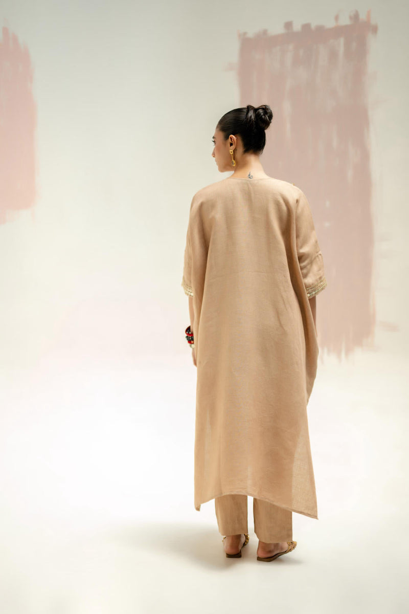 Longline Kaftan Kurta with Pants-Camel linen by PRAHNAAYA in green color for women Worldwide