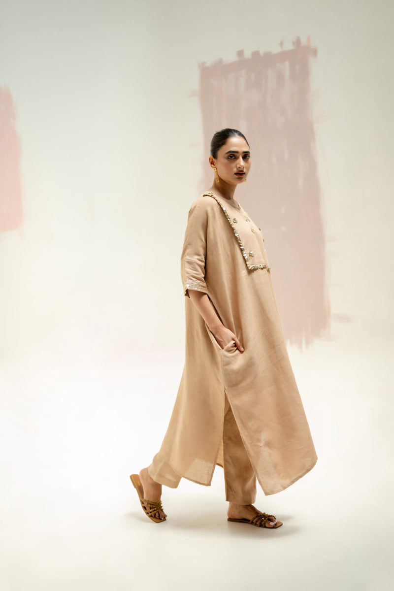 Longline Kaftan Kurta with Pants-Camel linen by PRAHNAAYA in green color for women Worldwide