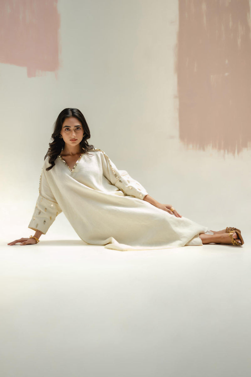 Star Antifit Kurta + Pants-White linen by PRAHNAAYA in white color for women Worldwide