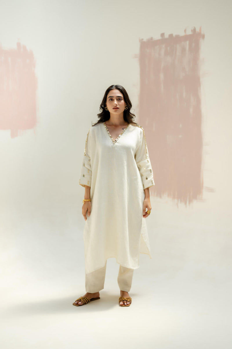 Star Antifit Kurta + Pants-White linen by PRAHNAAYA in white color for women Worldwide