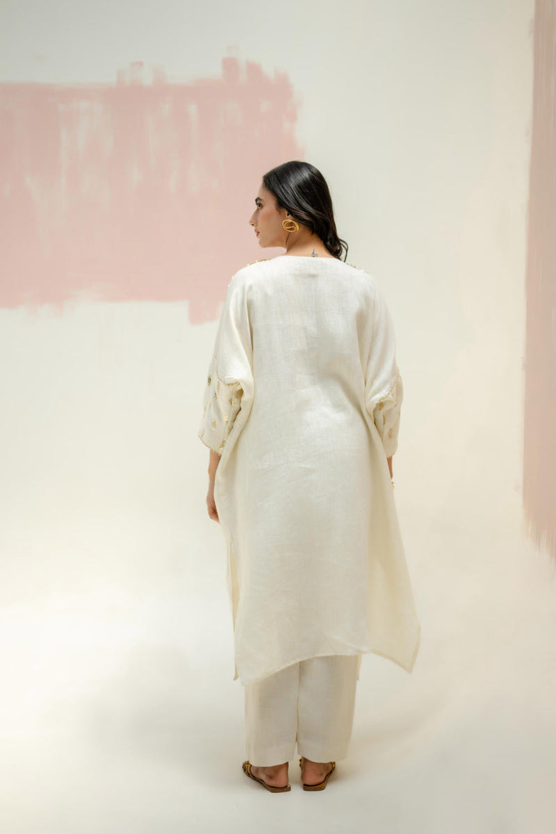Star Antifit Kurta + Pants-White linen by PRAHNAAYA in white color for women Worldwide
