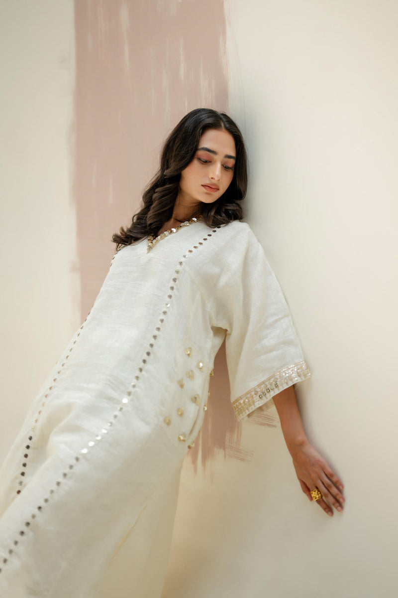 Aaram Choga Kurta with Pants-White linen by PRAHNAAYA in white color for women Worldwide