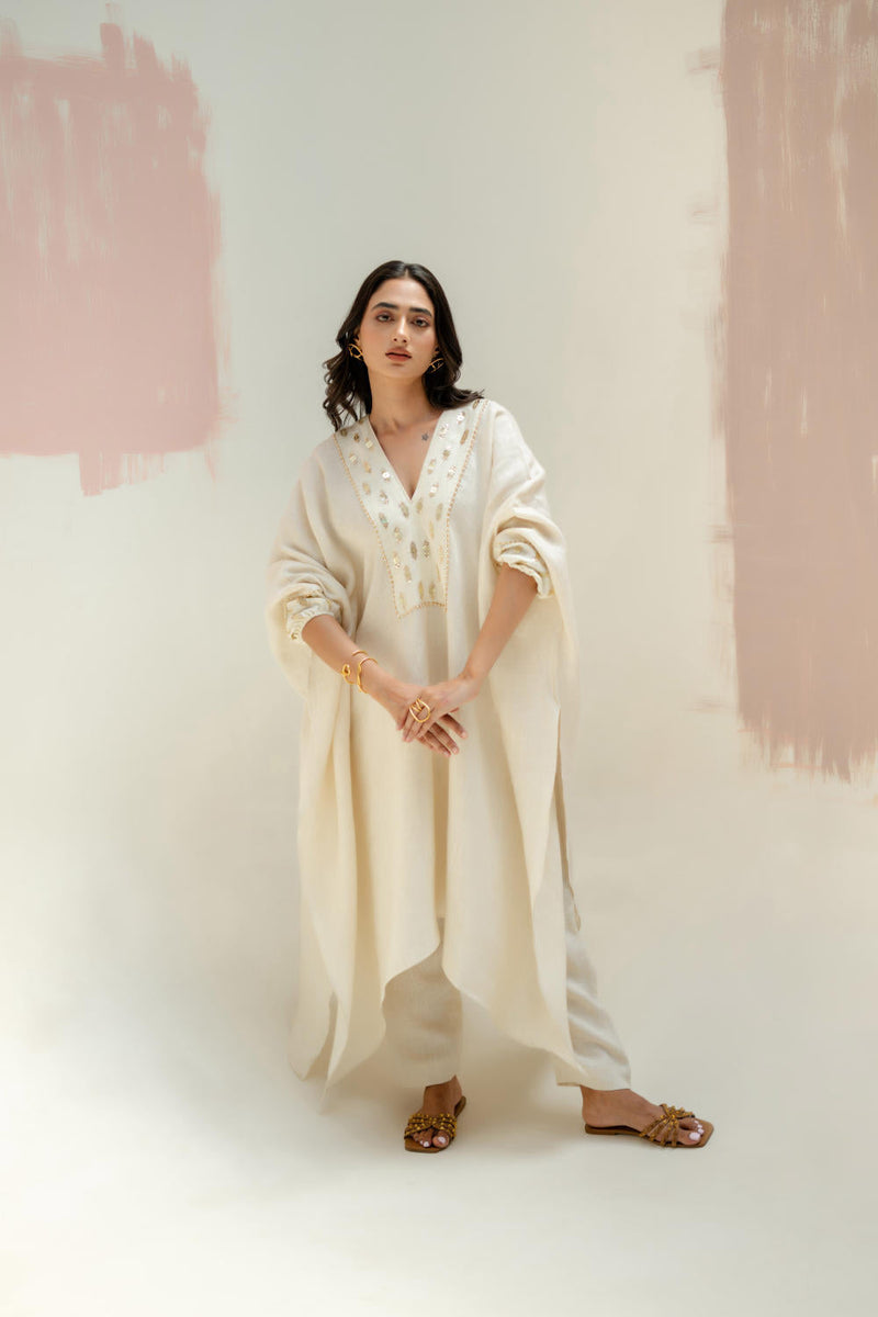Moroccan Star Kaftan with Pants-White linen by PRAHNAAYA in white color for women Worldwide