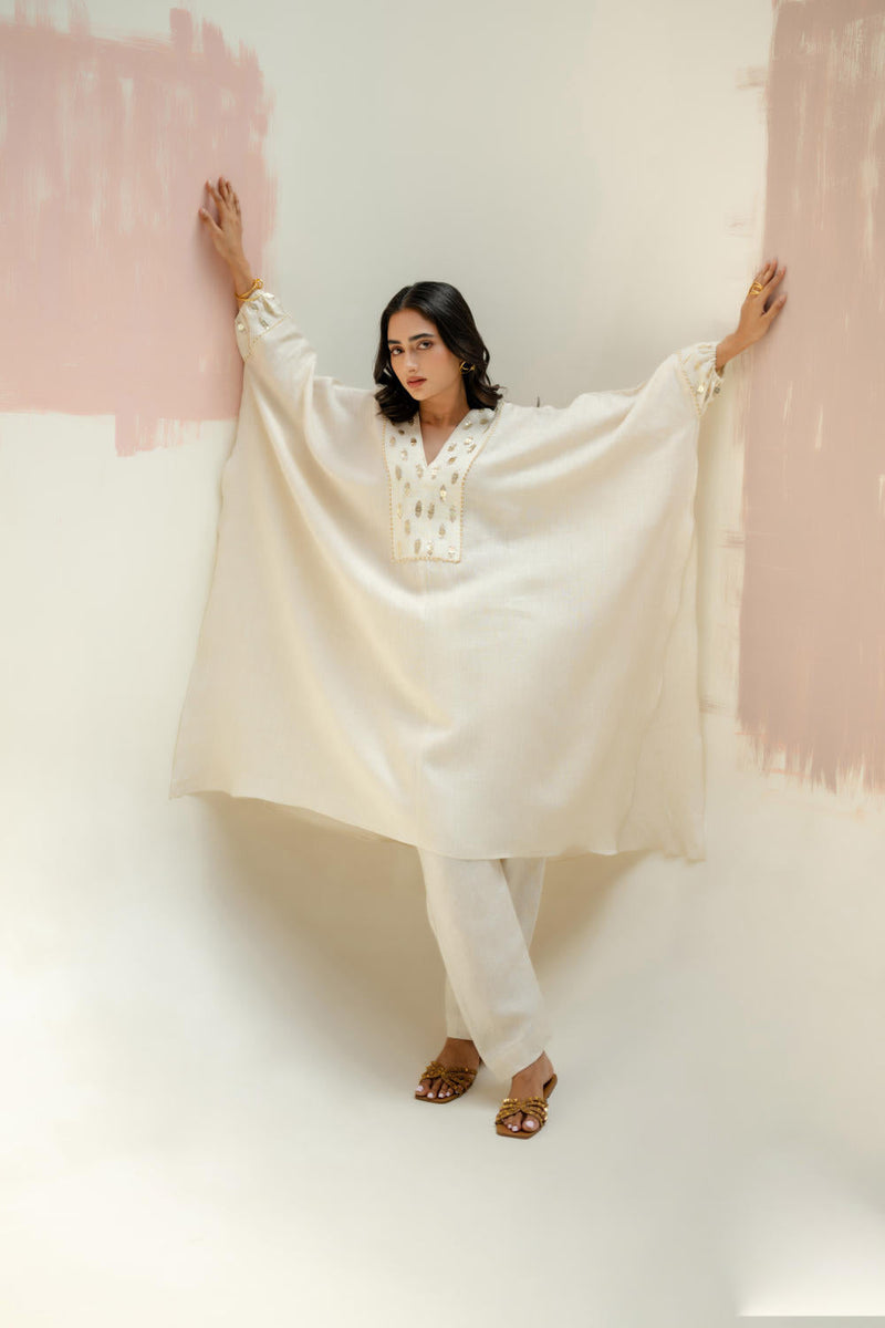 Moroccan Star Kaftan with Pants-White linen by PRAHNAAYA in white color for women Worldwide