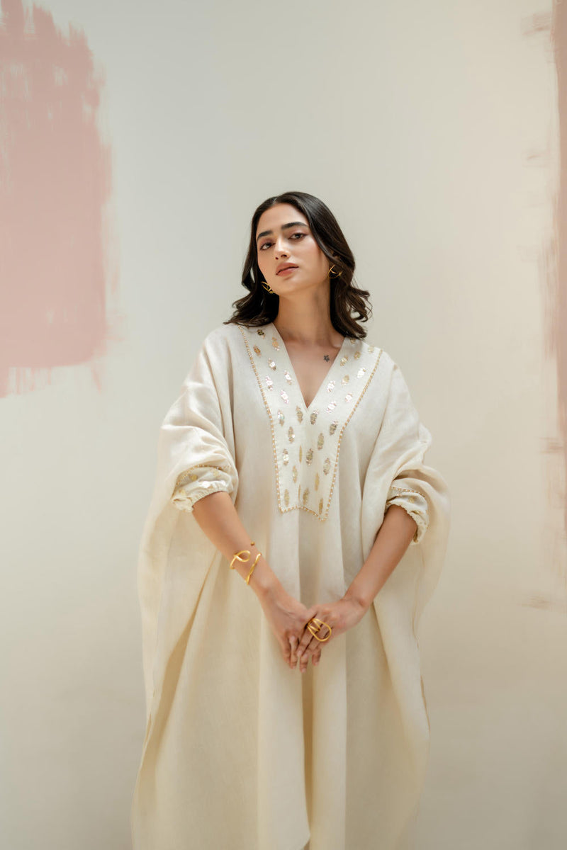 Preetie in Moroccan Kaftan with Pants-White linen by PRAHNAAYA in white color for women Worldwide
