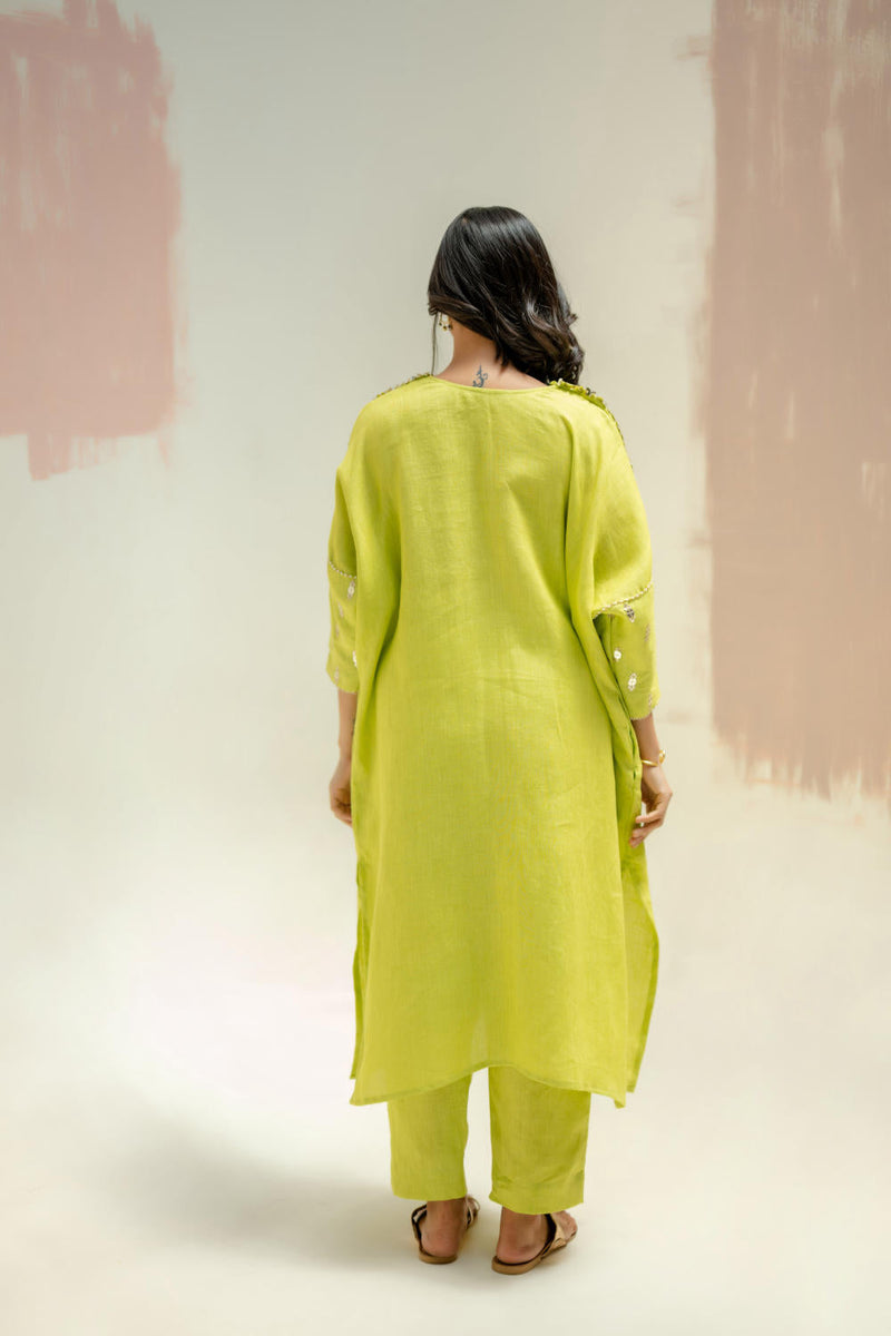Star Antifit Kurta with Pants-SUBLIME NEON linen by PRAHNAAYA in green color for women Worldwide