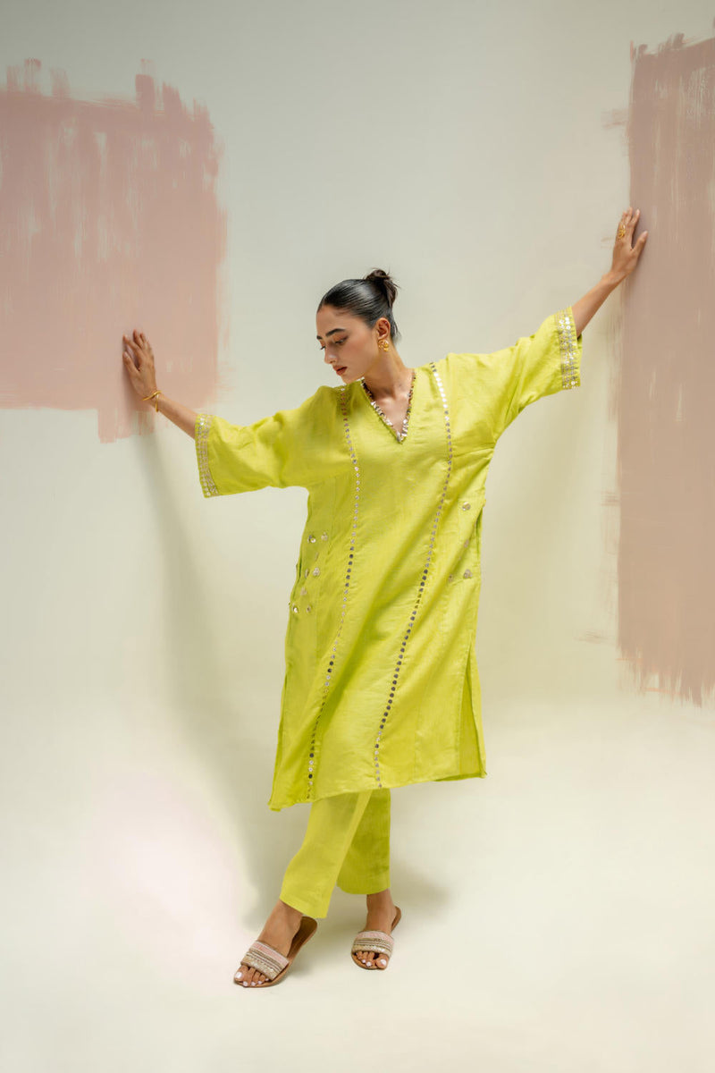 Aaram Choga Kurta with Pants-SUBLIME NEON linen by PRAHNAAYA in green color for women Worldwide