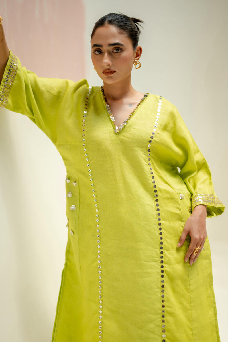 Aaram Choga Kurta with Pants-SUBLIME NEON linen by PRAHNAAYA in green color for women Worldwide