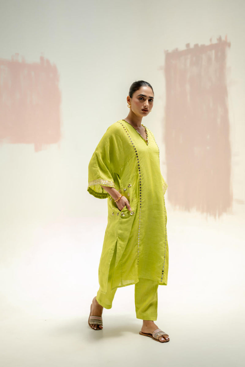 Aaram Choga Kurta with Pants-SUBLIME NEON linen by PRAHNAAYA in green color for women Worldwide