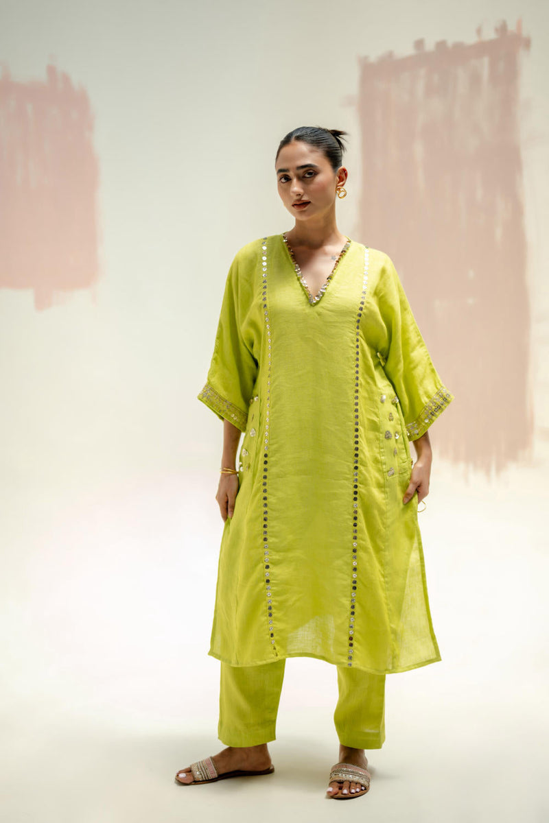 Aaram Choga Kurta with Pants-SUBLIME NEON linen by PRAHNAAYA in green color for women Worldwide