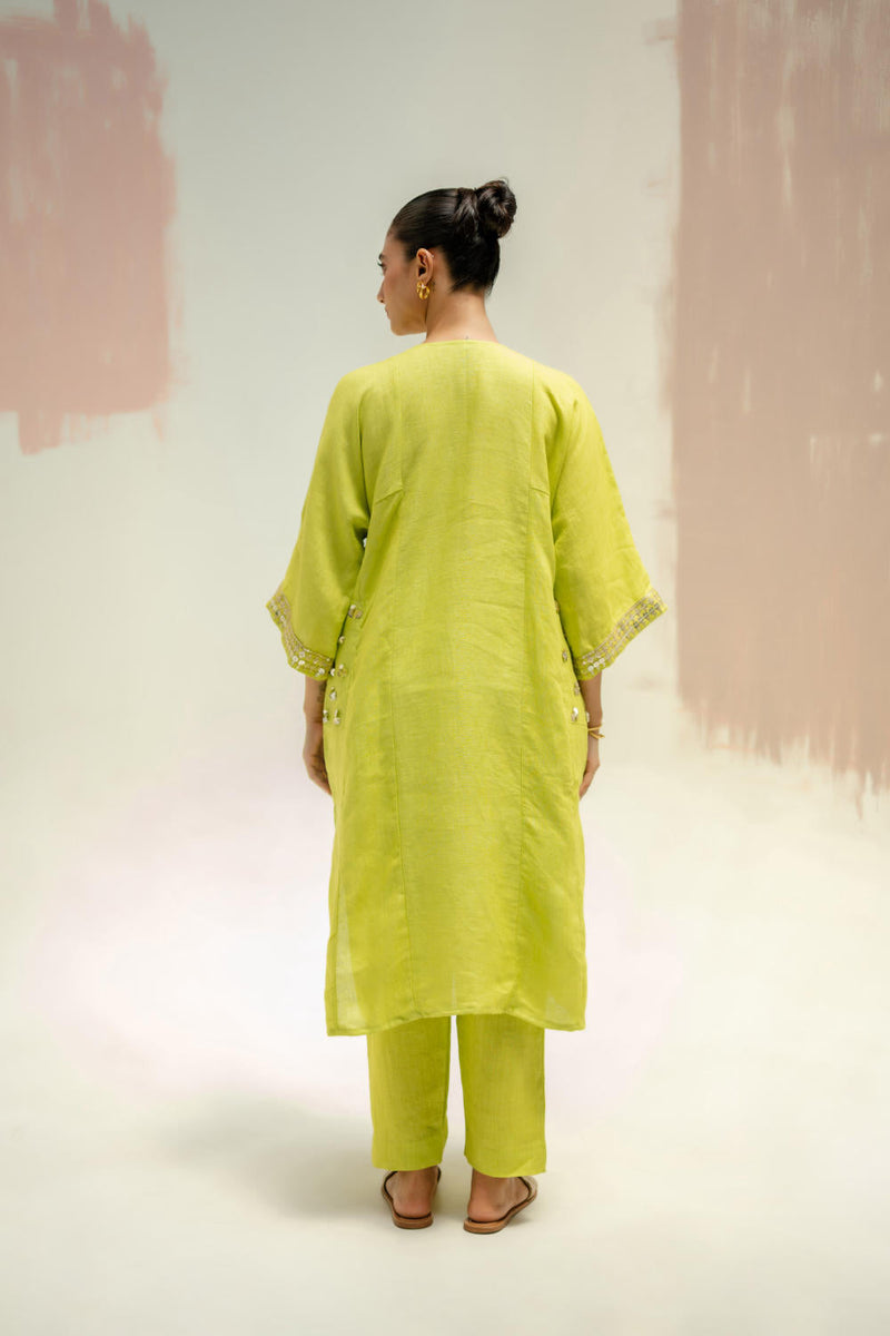 Aaram Choga Kurta with Pants-SUBLIME NEON linen by PRAHNAAYA in green color for women Worldwide