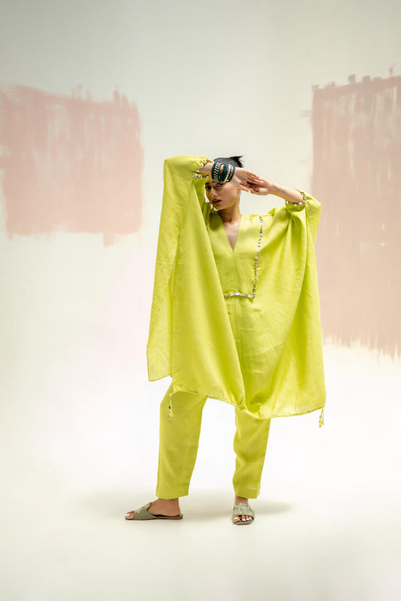 Moroccan Star Kaftan with Pants-SUBLIME NEON linen by PRAHNAAYA in green color for women Worldwide