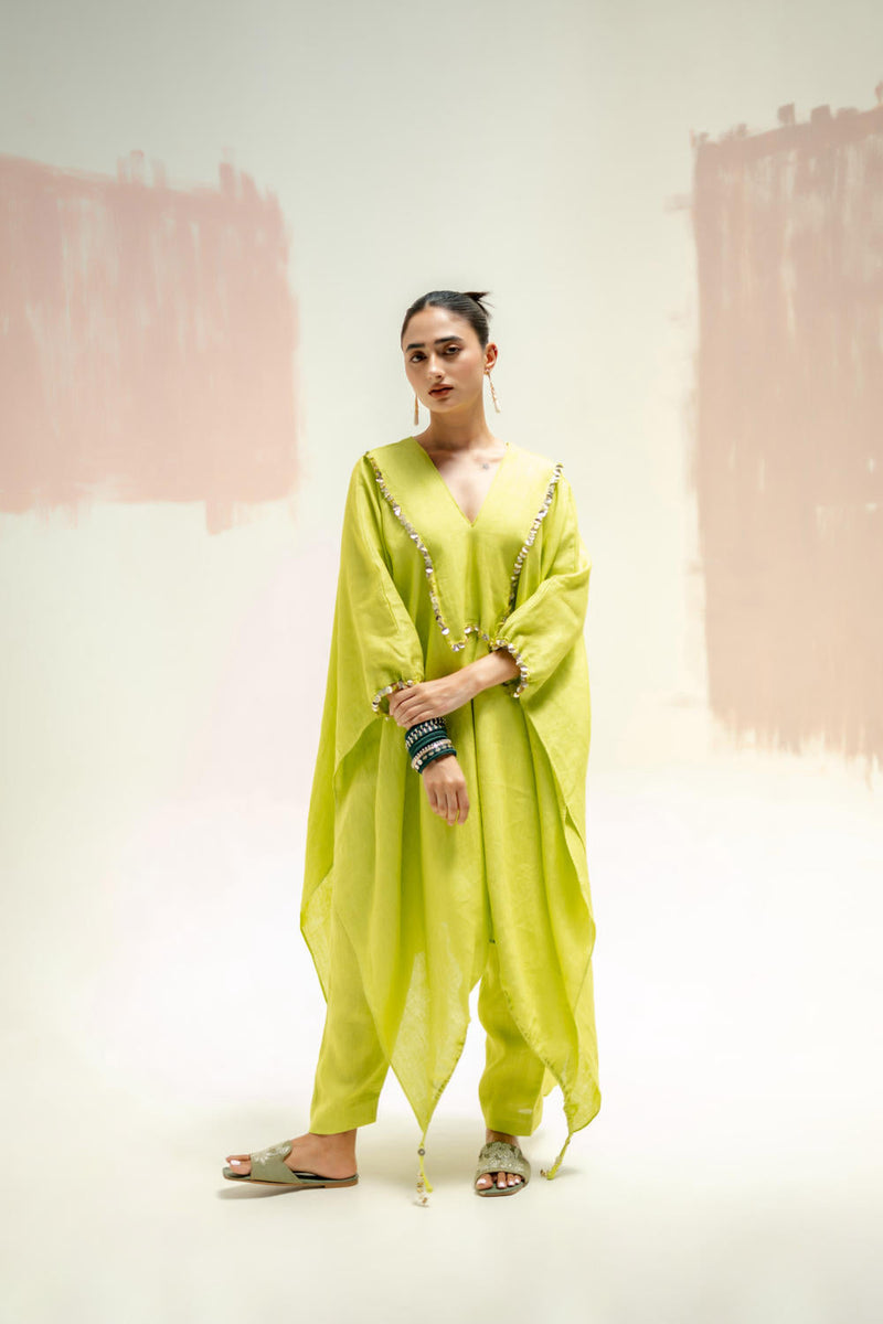 Moroccan Star Kaftan with Pants-SUBLIME NEON linen by PRAHNAAYA in green color for women Worldwide