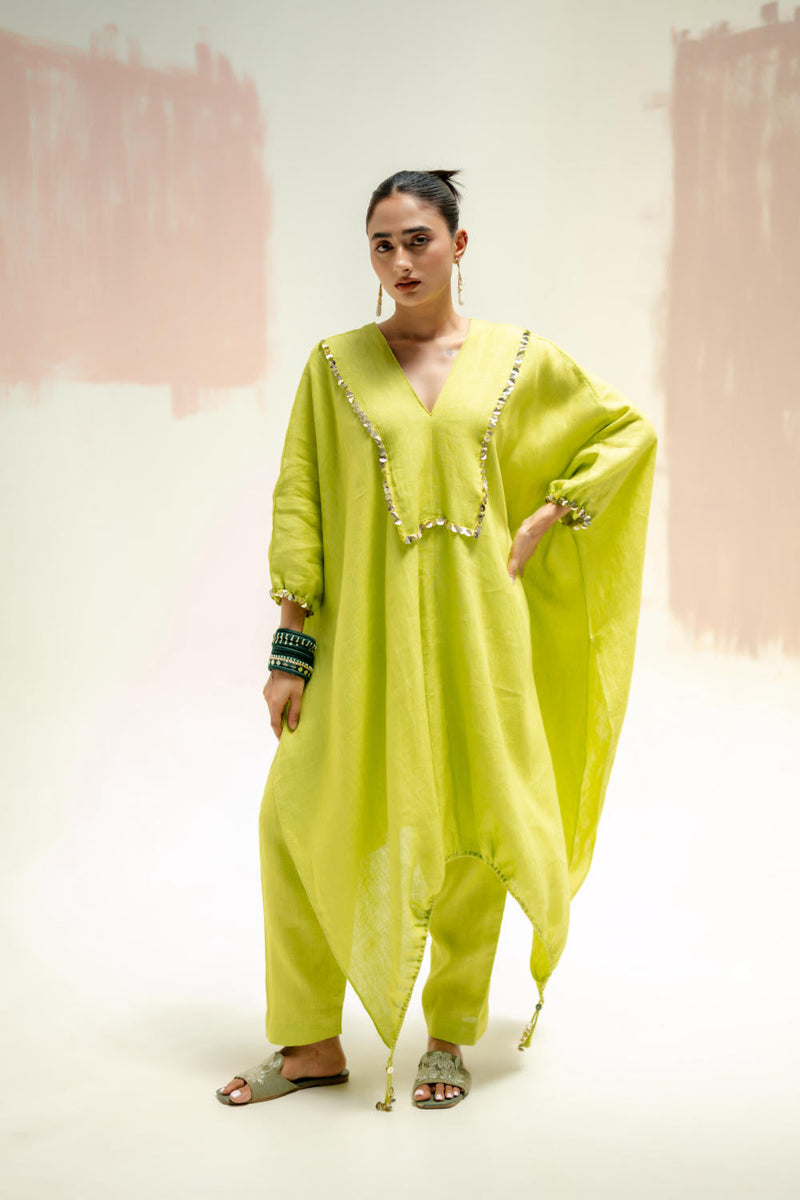 Moroccan Star Kaftan with Pants-SUBLIME NEON linen by PRAHNAAYA in green color for women Worldwide
