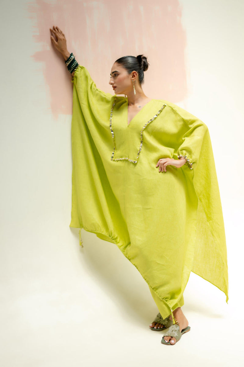 Moroccan Star Kaftan with Pants-SUBLIME NEON linen by PRAHNAAYA in green color for women Worldwide