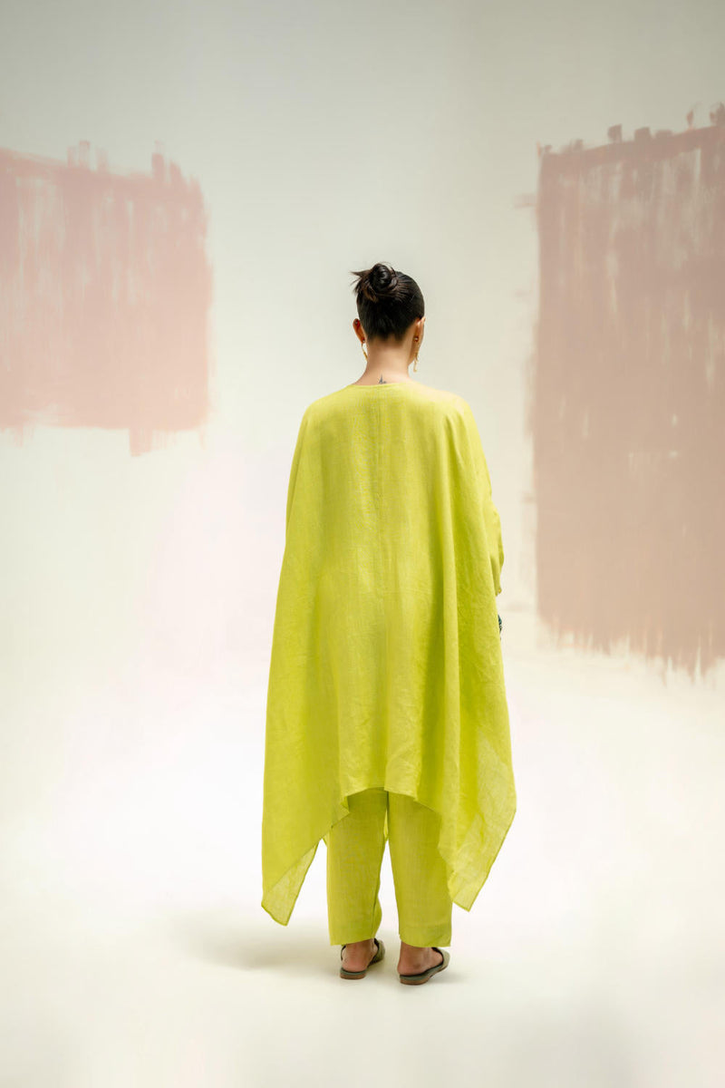 Moroccan Star Kaftan with Pants-SUBLIME NEON linen by PRAHNAAYA in green color for women Worldwide