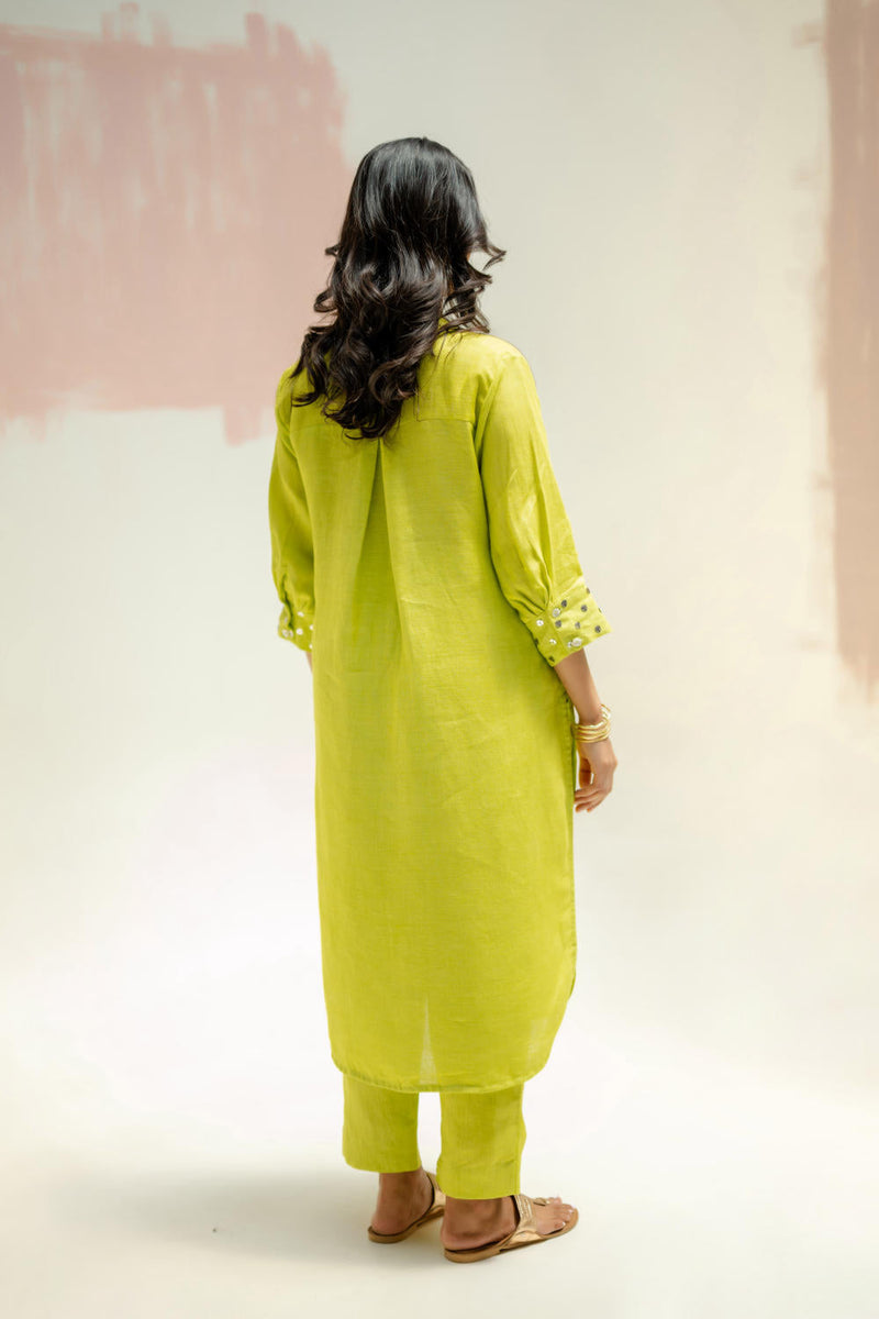 Mandarin Collar Kurta and Pants-SUBLIME NEON linen by PRAHNAAYA in green color for women Worldwide