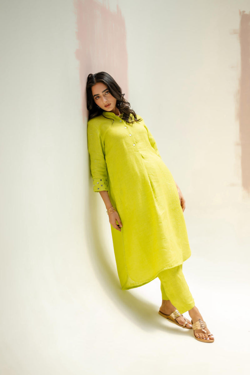 Mandarin Collar Kurta and Pants-SUBLIME NEON linen by PRAHNAAYA in green color for women Worldwide