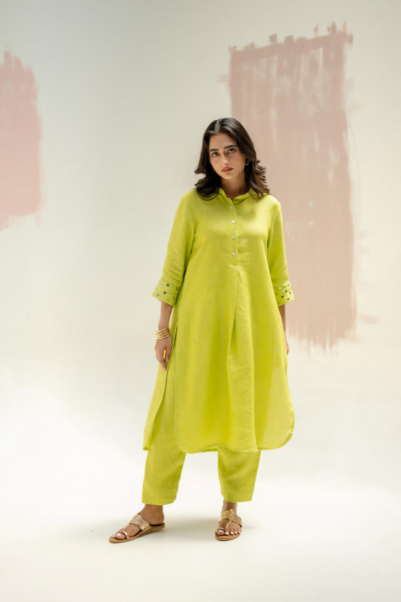 Mandarin Collar Kurta and Pants-SUBLIME NEON linen by PRAHNAAYA in green color for women Worldwide