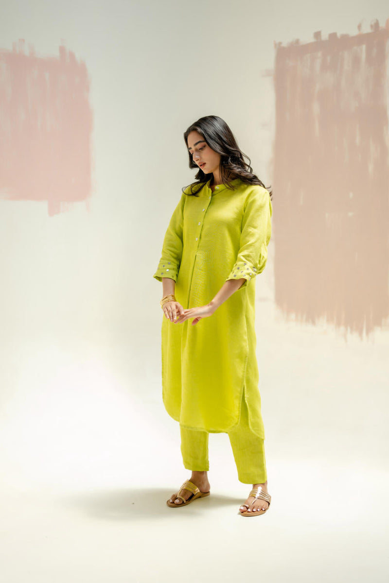 Mandarin Collar Kurta and Pants-SUBLIME NEON linen by PRAHNAAYA in green color for women Worldwide