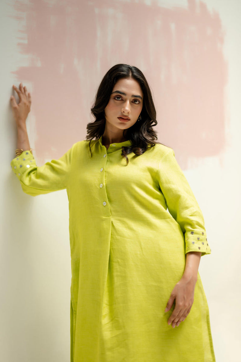 Mandarin Collar Kurta and Pants-SUBLIME NEON linen by PRAHNAAYA in green color for women Worldwide