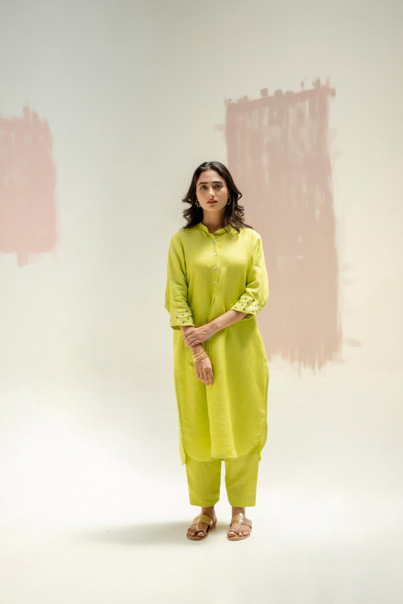 Mandarin Collar Kurta and Pants-SUBLIME NEON linen by PRAHNAAYA in green color for women Worldwide