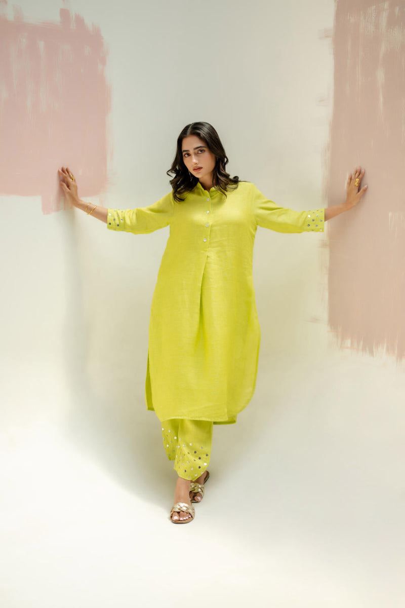 Mia Slim Kurta and Hand embroidered Pants-SUBLIME NEON linen by PRAHNAAYA in green color for women Worldwide
