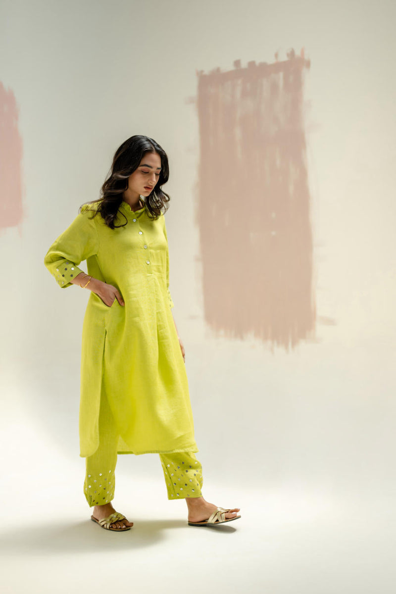 Mia Slim Kurta and Hand embroidered Pants-SUBLIME NEON linen by PRAHNAAYA in green color for women Worldwide