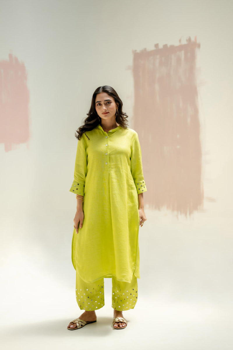 Mia Slim Kurta and Hand embroidered Pants-SUBLIME NEON linen by PRAHNAAYA in green color for women Worldwide