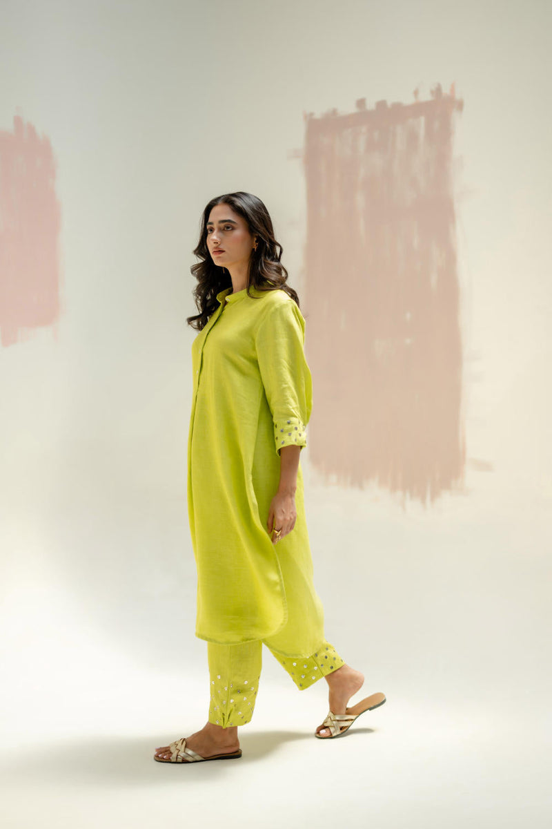 Mia Slim Kurta and Hand embroidered Pants-SUBLIME NEON linen by PRAHNAAYA in green color for women Worldwide