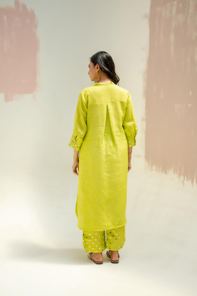 Mia Slim Kurta and Hand embroidered Pants-SUBLIME NEON linen by PRAHNAAYA in green color for women Worldwide
