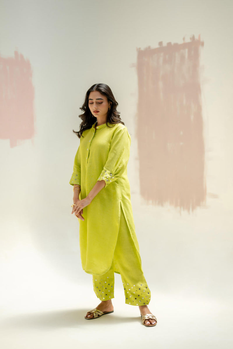 Mia Slim Kurta and Hand embroidered Pants-SUBLIME NEON linen by PRAHNAAYA in green color for women Worldwide