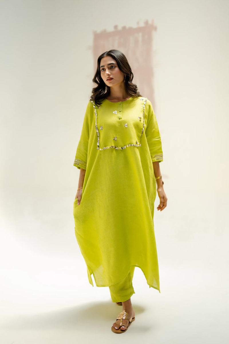 Longline Kaftan Kurta with Pants-SUBLIME NEON linen by PRAHNAAYA in green color for women Worldwide